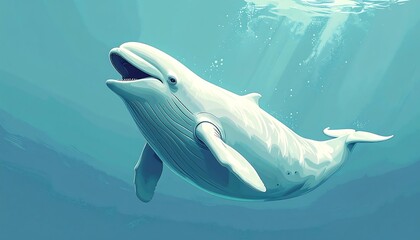 Majestic white whale swims gracefully through clear blue ocean waters with sunlight streaming from above