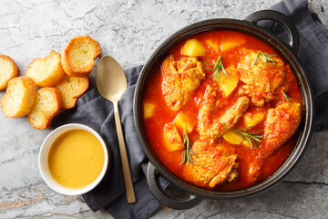Chicken Bouillabaisse is comforting stew featuring tender chicken pieces simmered in a saffron-tomato broth infused with garlic, fennel, and white wine closeup. Horizontal top view from above