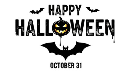 Happy Halloween text illustration with bats and a jack-o'-lantern: a visually striking, digitally illustrated image capturing the essence of Halloween. Featuring playful bat silhouettes.