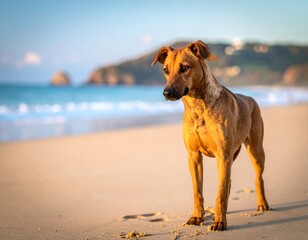 Dog on beach at golden hour