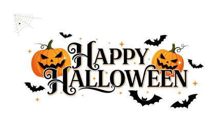 Happy Halloween: A festive greeting for the spooky season, featuring carved pumpkins, bats, and spiderweb, perfect for digital designs and decorations, embodying the spirit of Halloween!