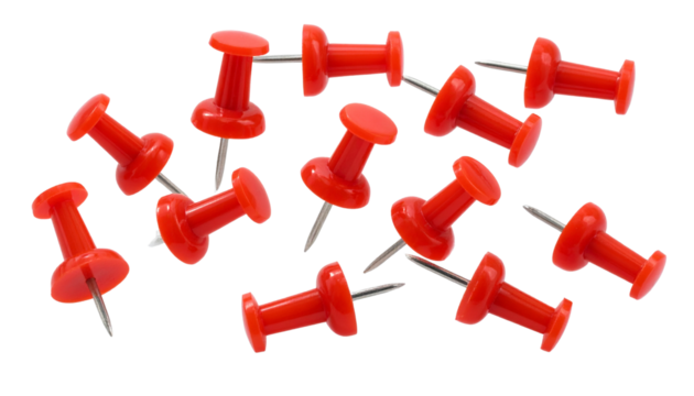 Thumbtacks Falling or Floating in Mid-Air, Dynamic Composition, PNG