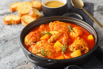 Chicken Bouillabaisse soup in a rich tomato-vegetable broth served with toasted baguette and rouille sauce, close-up in a plate on the table. Horizontal