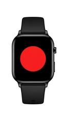 A black wristwatch with a red circle on a black display is presented against a white background.