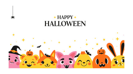 Happy Halloween Greeting with Festive Creatures: A cheerful Halloween greeting showcasing an array of adorable, illustrated creatures with a touch of whimsy.