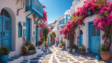 Whitewashed buildings, colorful flowers