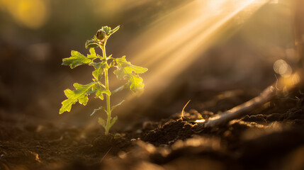 sapling. Young sapling emerging from rich soil, sunlight filtering through leaves in a detailed macro view. gardening catalogs, home-decor guides, designed for gardening and botanical catalogs.
