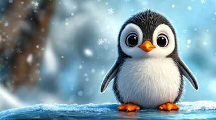 Round cute penguin perched on an icy platform as snowflakes drift by. Cute cartoon winter scene, festive mood.
