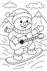Snowman Snowboarding in the Mountains Coloring Page