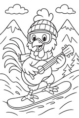 Rooster Snowboarding in the Mountains Coloring Page