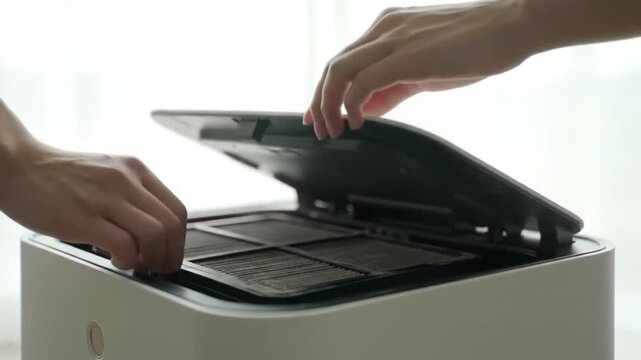 Close-up of a person's hands opening an air purifier and carefully removing the dirty filter for routine maintenance