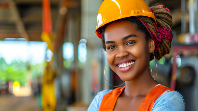 Smiling African American Female Construction Apprentice with Hard Hat in Industrial Setting, Daytime, Happy and Confident, Young Woman in Training Program, Career Development in Construction Industry