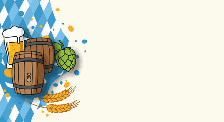 A stylish flat design banner background for Oktoberfest, featuring the iconic Bavarian flag pattern and minimalist symbols like a beer barrel and hop cones. 