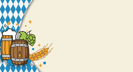 A stylish flat design banner background for Oktoberfest, featuring the iconic Bavarian flag pattern and minimalist symbols like a beer barrel and hop cones. 
