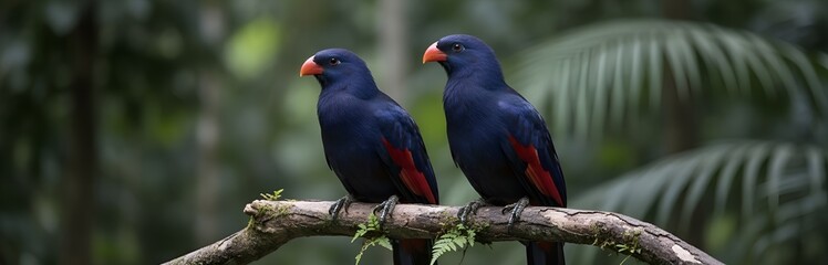 Obraz premium Two violet turacos perched side by side on a rustic wooden branch, deep purple feathers with red wing accents, lush rainforest backdrop
