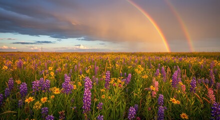 Naklejka premium Vibrant wildflower meadow bathed in golden light under a double rainbow