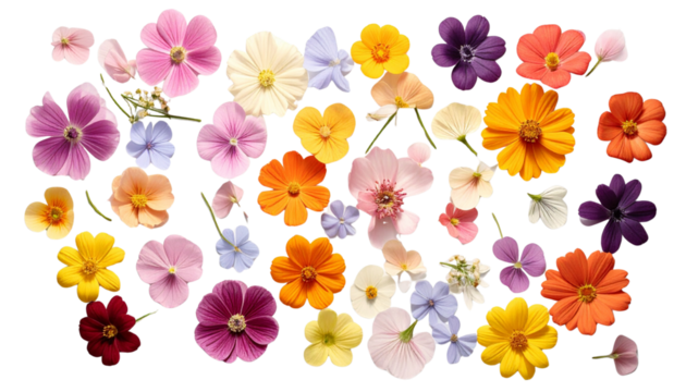 Top-Down Floral Flat Lay with Assorted Flowers, Isolated on Transparent Background PNG