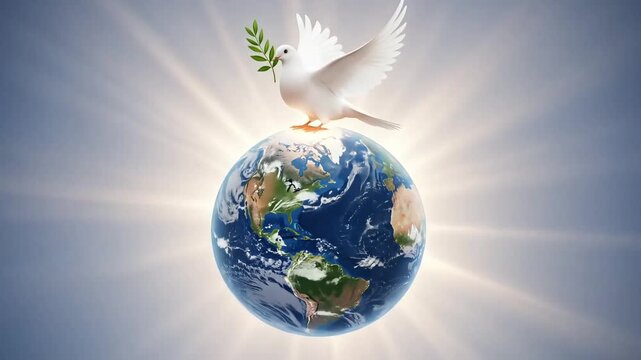 white dove with olive branch on earth symbol of peace