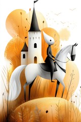 Knight in gleaming armor on horseback in front of a castle surrounded by a grassy field. Timeless tales, medieval sagas.