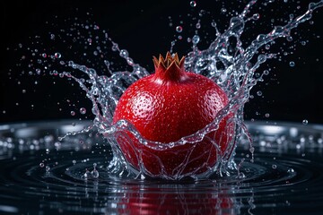 Fresh Pomegranate Splashing into Water on Dark Background