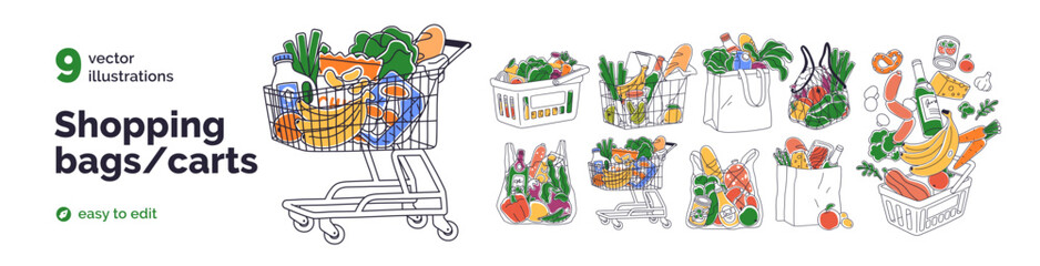 Food products in shopping bags, carts, supermarket trolleys, baskets set. Goods, purchases from grocery store. Vegetables, bread in packaging. Flat vector illustrations isolated on white background © Good Studio
