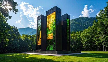 Modern stained glass pillars in a park setting