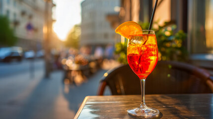 Chilled Aperol Spritz with orange garnish in a wine glass on a table at an outdoor café at sunset, a refreshing summer aperitif