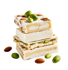 Stacked white nougat bars, layered with creamy filling and pistachios and almonds