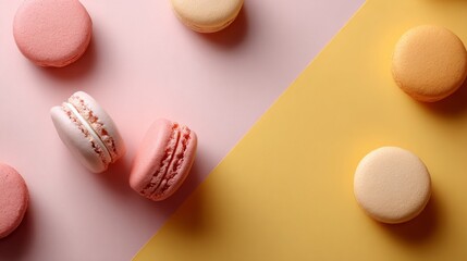 Obraz premium A row of macarons with pink and yellow centers sit on a yellow background. The pink and yellow macarons are arranged in a row, with the pink ones on the left and the yellow ones on the right
