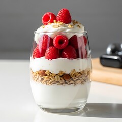 A layered parfait glass, showcasing a delightful combination of yogurt, granola, and fresh raspberries.