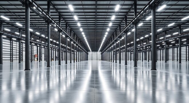 Empty, modern warehouse interior, showcasing polished concrete flooring and tall, dark metal support beams.
