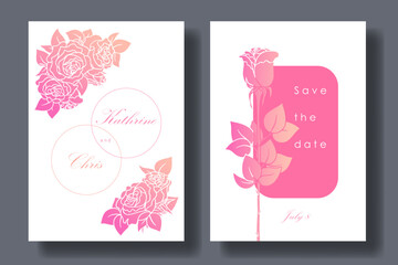 Wedding invitation or greeting card with roses on white background. Roses corner frame, gradient colors. Vector vertical floral template for greeting design and print.