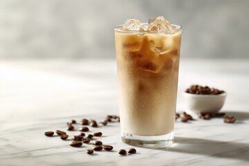 Iced Coffee Drink With Ice Cubes And Coffee Beans On Marble Surface