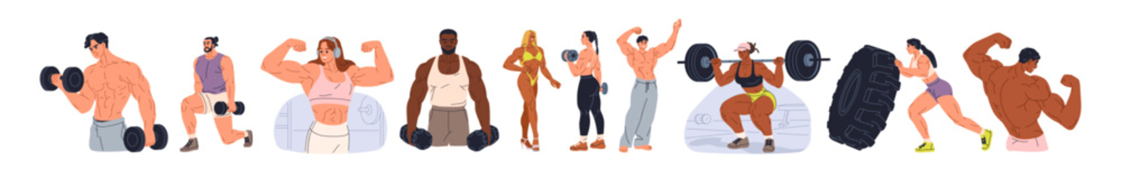 Bodybuilders set. Sports professionals during bodybuilding workout, gym exercising, heavy weight lifting and training muscle strength, power. Flat vector illustrations isolated on white background