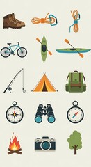 Colorful flat icons of various outdoor adventure equipment, including hiking boots, a bicycle, kayak, tent, compass, and a camera.
