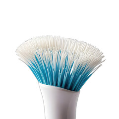 Close-up of a cleaning brush head.  White bristles, teal colored base