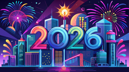 City skyline with fireworks and year 2026