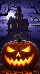 A large, glowing jack-o'-lantern sits before a spooky, old house at night, bathed in eerie, purple-toned light.