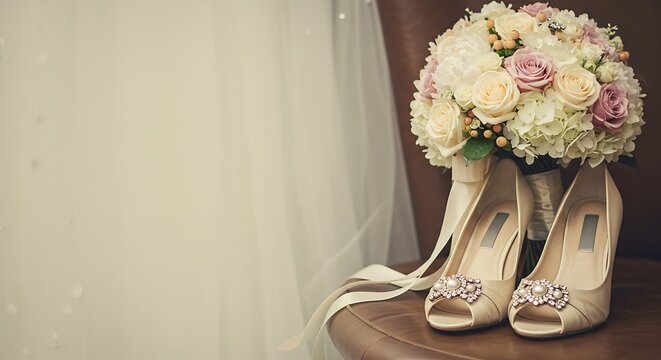 Elegant Bridal Shoes and Flower Bouquet on Wooden Surface in Soft Lighting