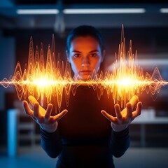 A woman in dark attire holds a glowing sound wave, showcasing futuristic technology and a captivating image.