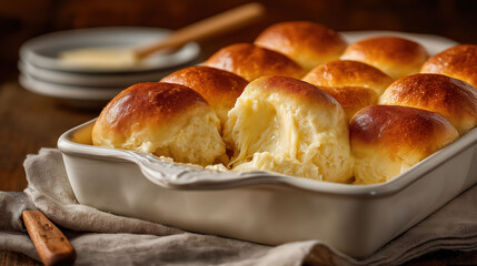 Golden butter-brushed dinner rolls nestle together in ceramic baking dish.