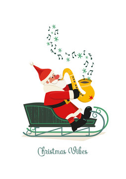 Christmas Vibes hand drawn cute illustration. Funny Santa in sleigh play Christmas melody on sax cartoon design. Winter holidays season jazz live music concert event background