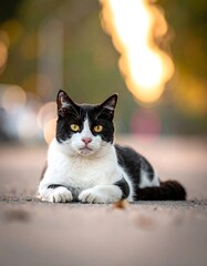 Black and White Cat Relaxing Outdoors.