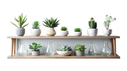 Succulents and vases on a minimalist shelf isolated on a transparent background plant