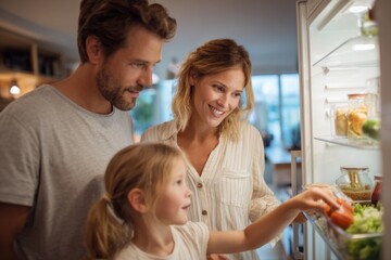 A family of three reviews fresh vegetables and fruits in their refrigerator. The mother and father guide their young child in making nutritious food decisions together