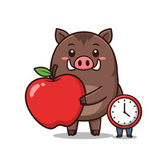 Cartoon Boar Holding Apple with Clock