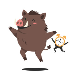 Happy Cartoon Boar Dancing with Clock