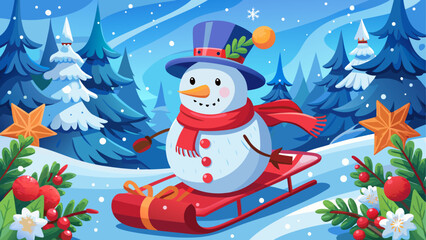 Snowman sledding in a winter wonderland