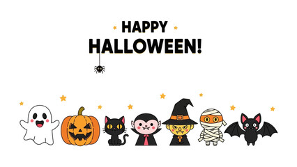 Spooky Halloween lineup: A whimsical array of iconic Halloween characters is cheerfully arranged beneath festive holiday greetings. Capturing the playful spirit and cheerful energy of Halloween.