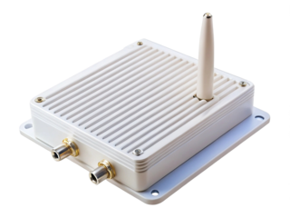 Close up view of white box enclosure with antenna and gold connectors